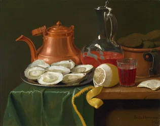 Stilleben med østers, en citron, en karaffel med vin og en kobberkande